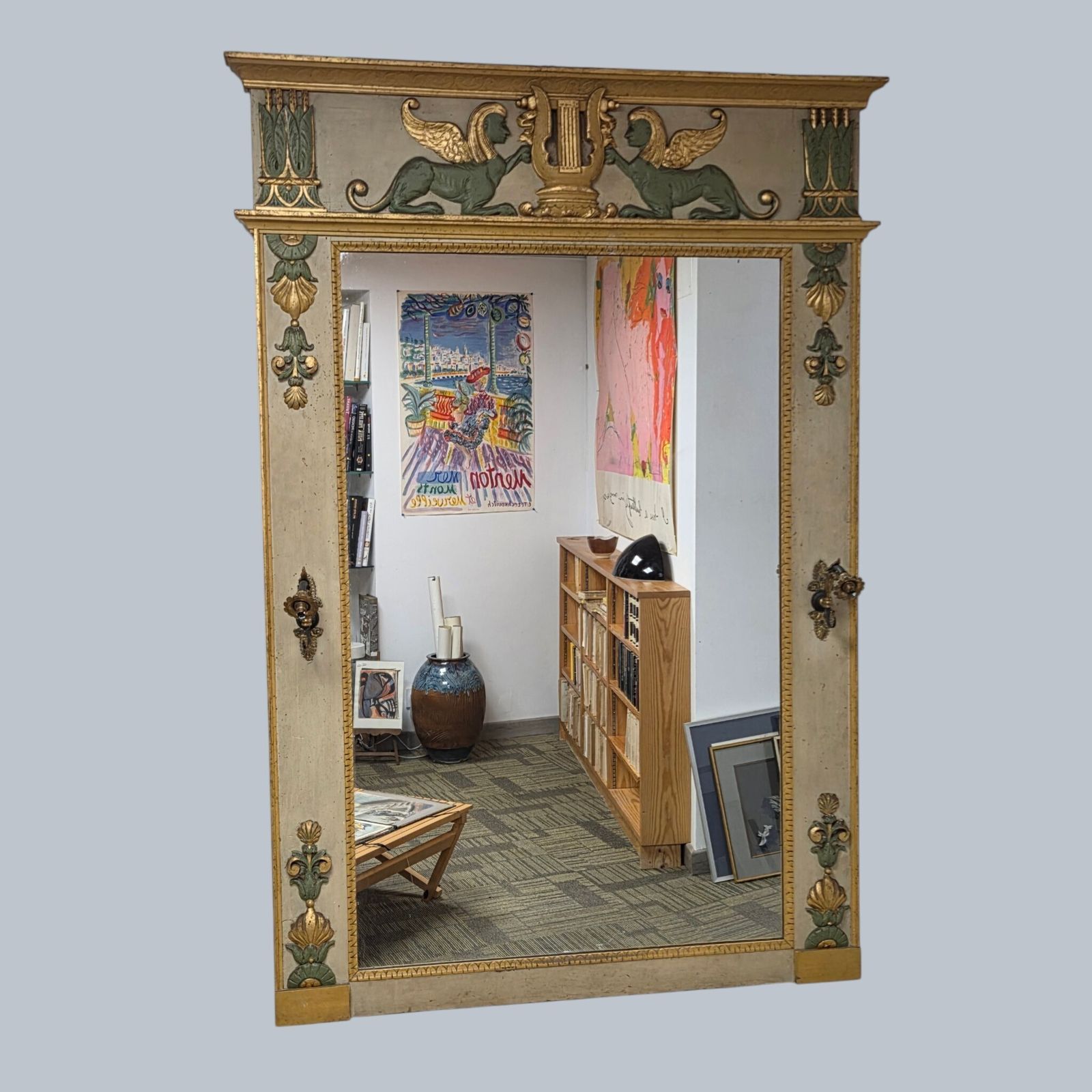 Large French Directoire Style Trumeau Mirror With Winged Sphinx – Gilt & Painted Wood – Late 19th Century