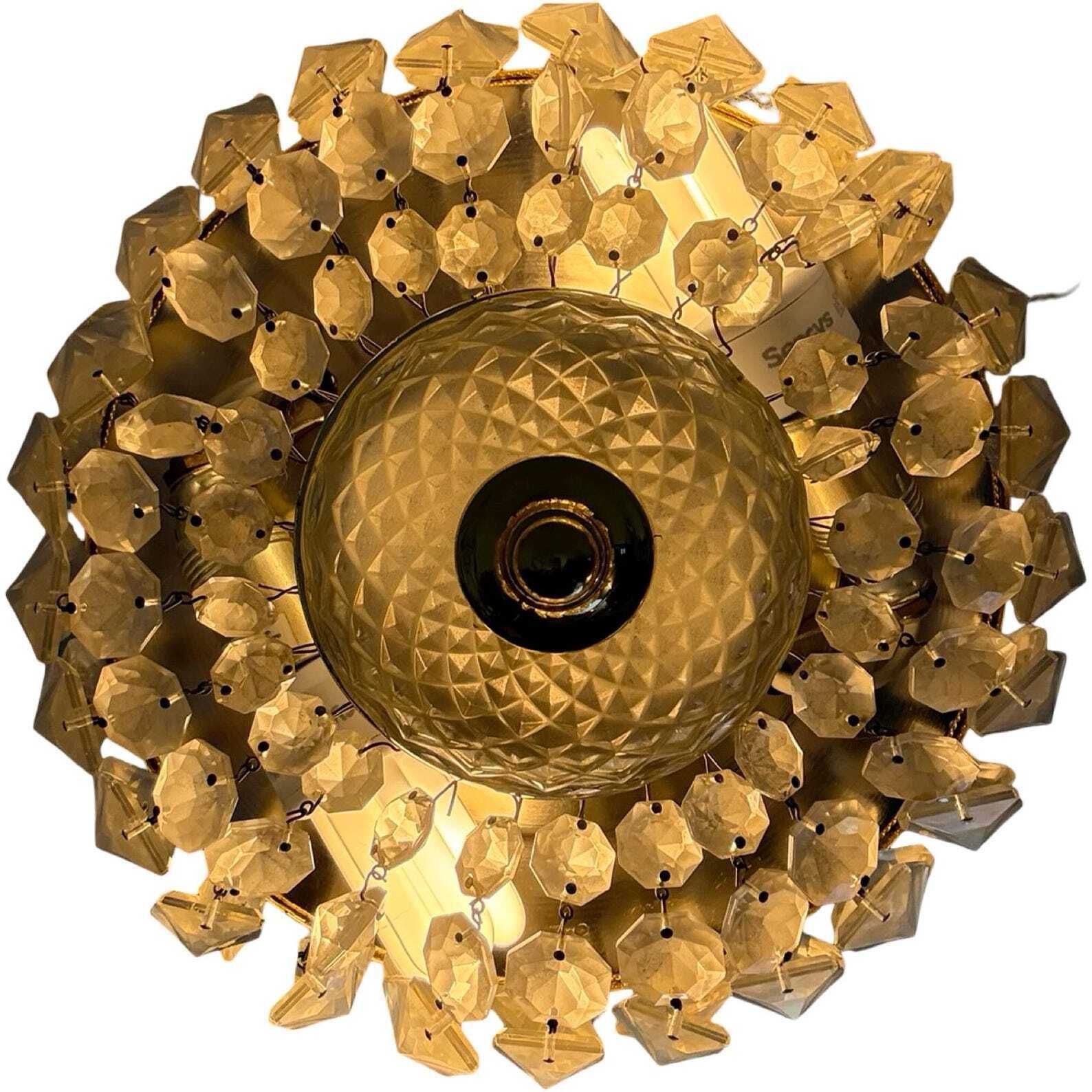 Lustrerie Deknudt   Chrystal Glass And Brass Appliqué/ Ceiling Mounted Lamp   Ca. 1980's   Crown Shaped photo for sale