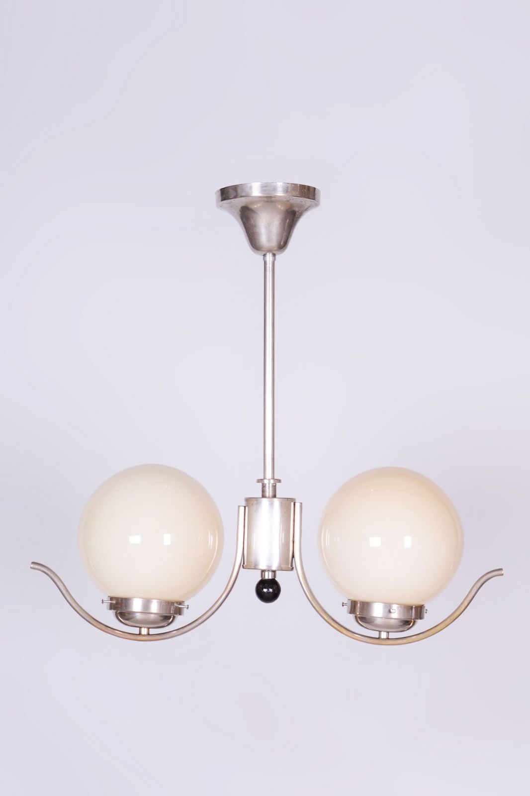 Restored Bauhaus Chandelier, Chrome Plated Steel, Opaline Glass, Czech, 1930s