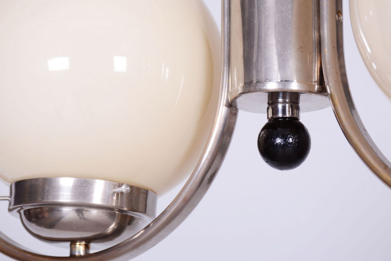 Restored Bauhaus Chandelier, Chrome Plated Steel, Opaline Glass, Czech, 1930s photo for sale