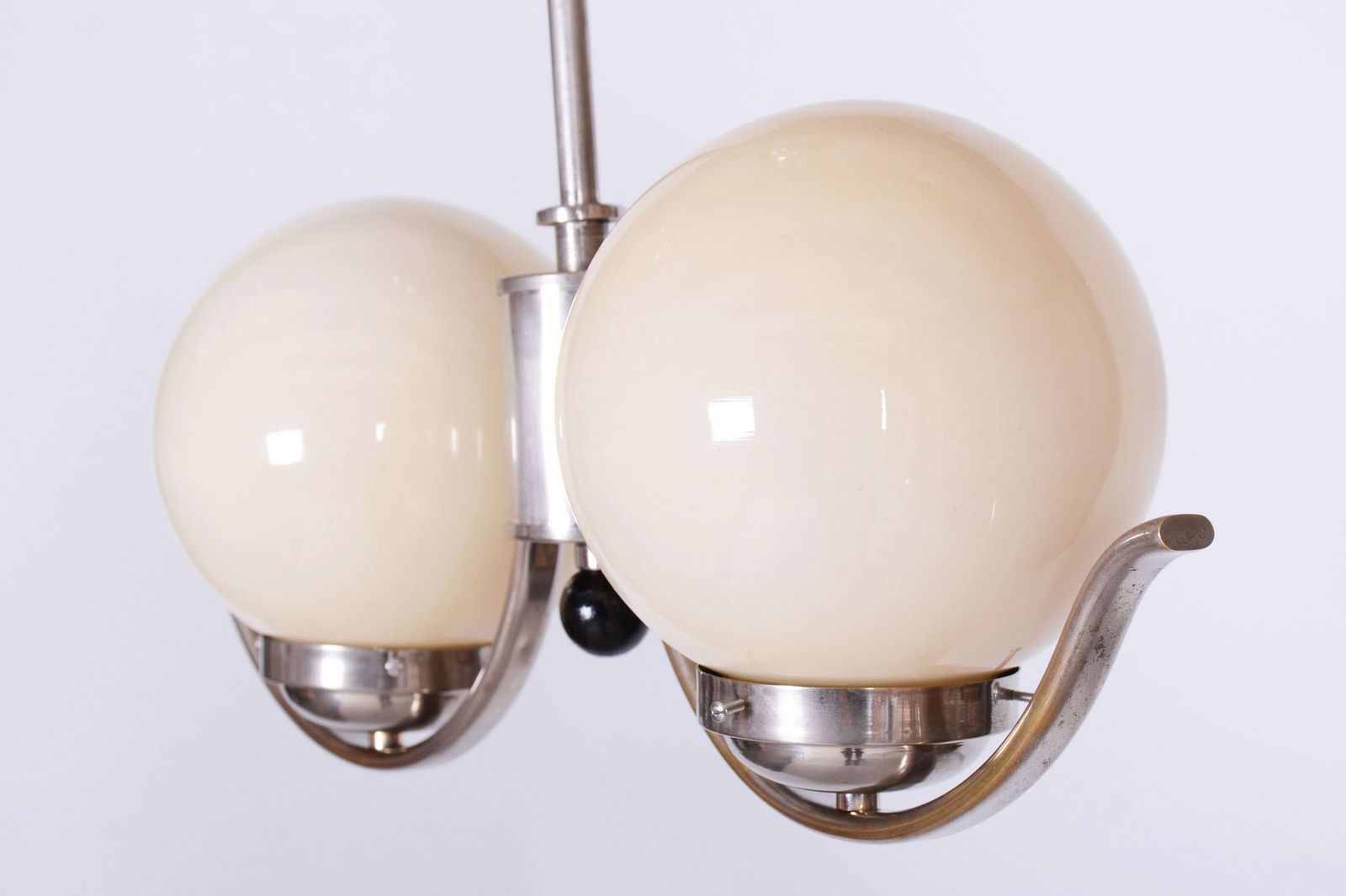 Restored Bauhaus Chandelier, Chrome Plated Steel, Opaline Glass, Czech, 1930s photo Lighting