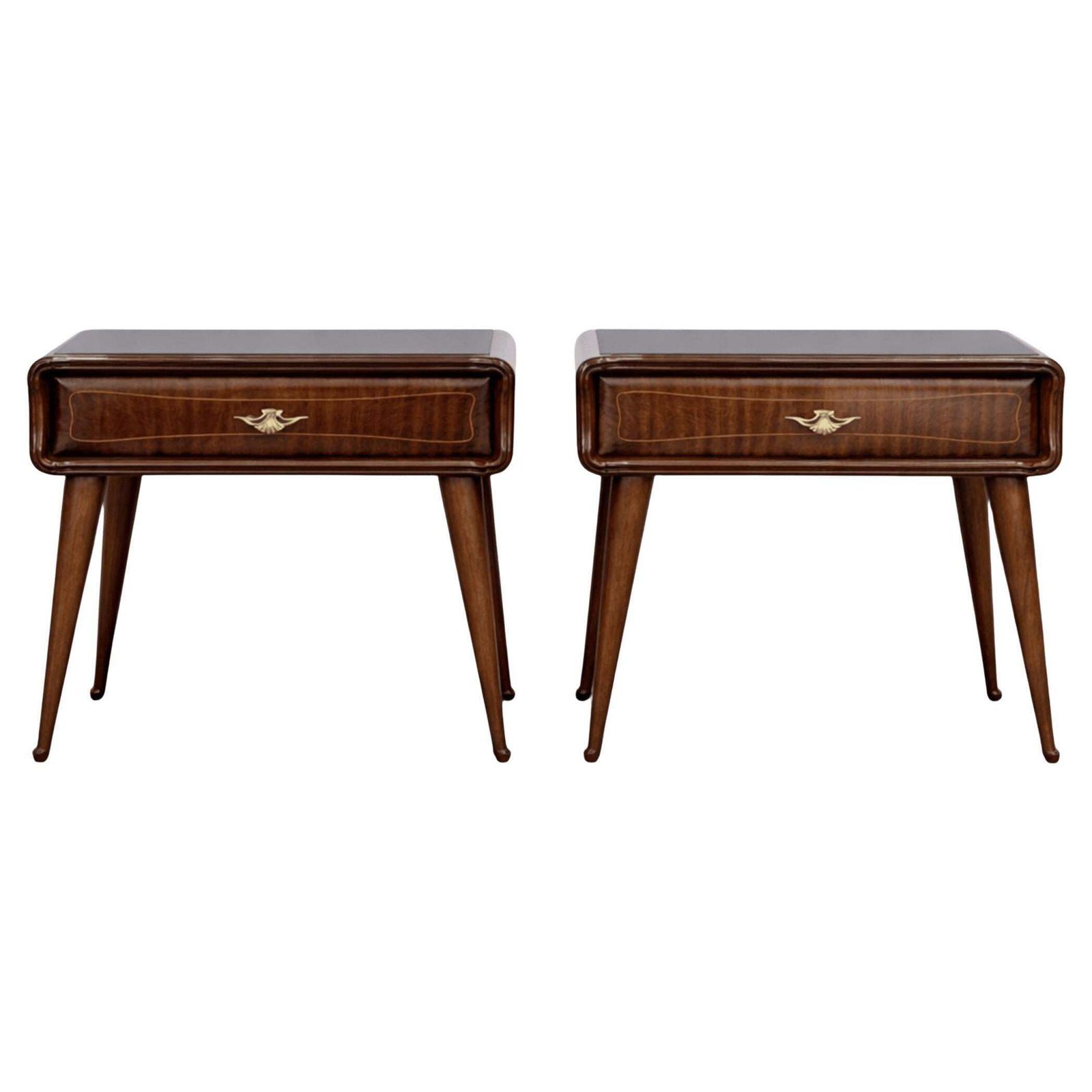 1960s Italian Mid Century Modern Cherry Nightstands Bedside Tables Brass Glass