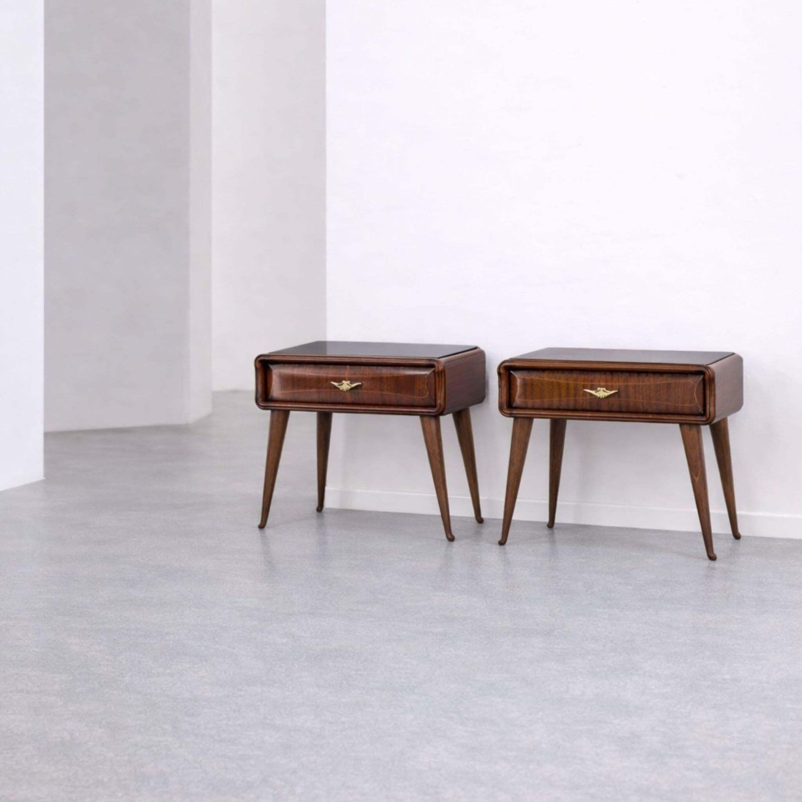 1960s Italian Mid Century Modern Cherry Nightstands Bedside Tables Brass Glass photo furniture