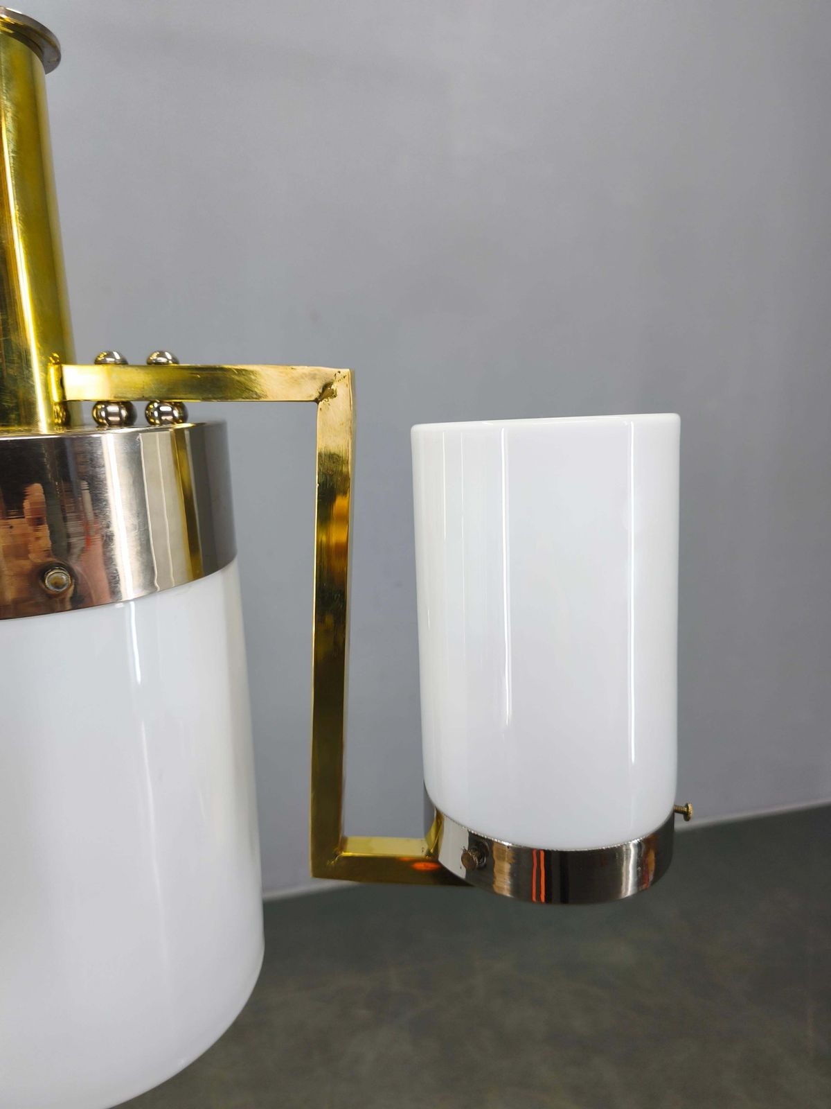 Czechoslovak Art Deco Brass And Chrome Chandelier With Opaline Glass, 1930s photo 876.0