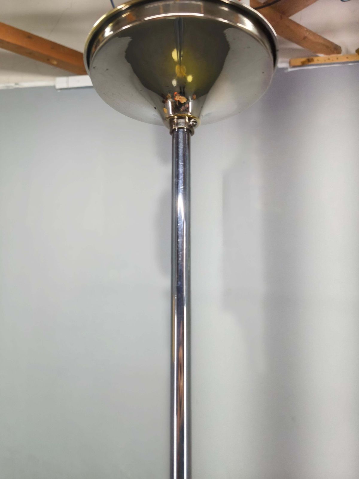 photo for sale Czechoslovak Art Deco Brass And Chrome Chandelier With Opaline Glass, 1930s