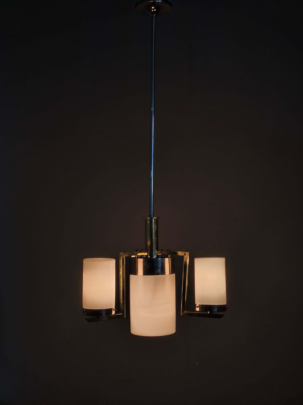 photo vinterior Czechoslovak Art Deco Brass And Chrome Chandelier With Opaline Glass, 1930s