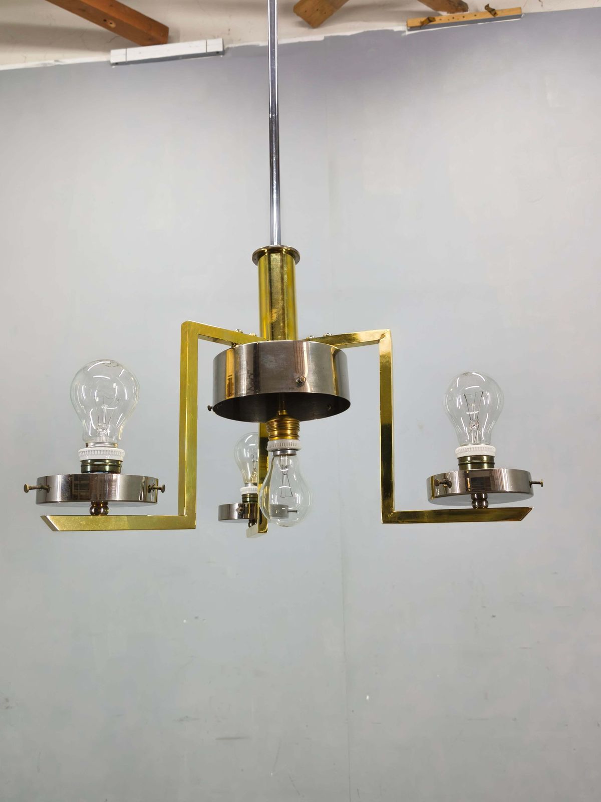 photo buy Czechoslovak Art Deco Brass And Chrome Chandelier With Opaline Glass, 1930s