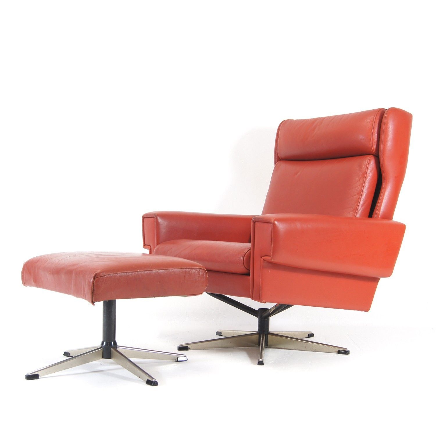 Retro Vintage Danish Leather Swivel Lounge Easy Chair Armchair + Stool 60s 70s