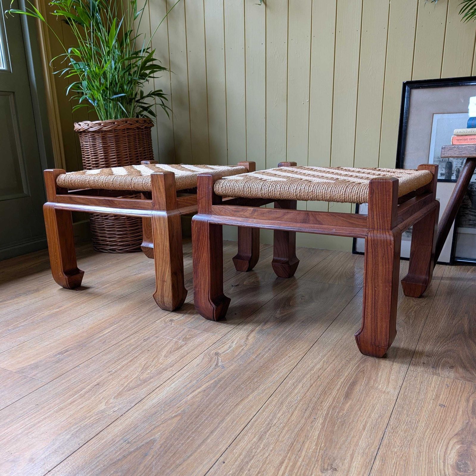 Pair Of Mid Century Woven Foot Stools