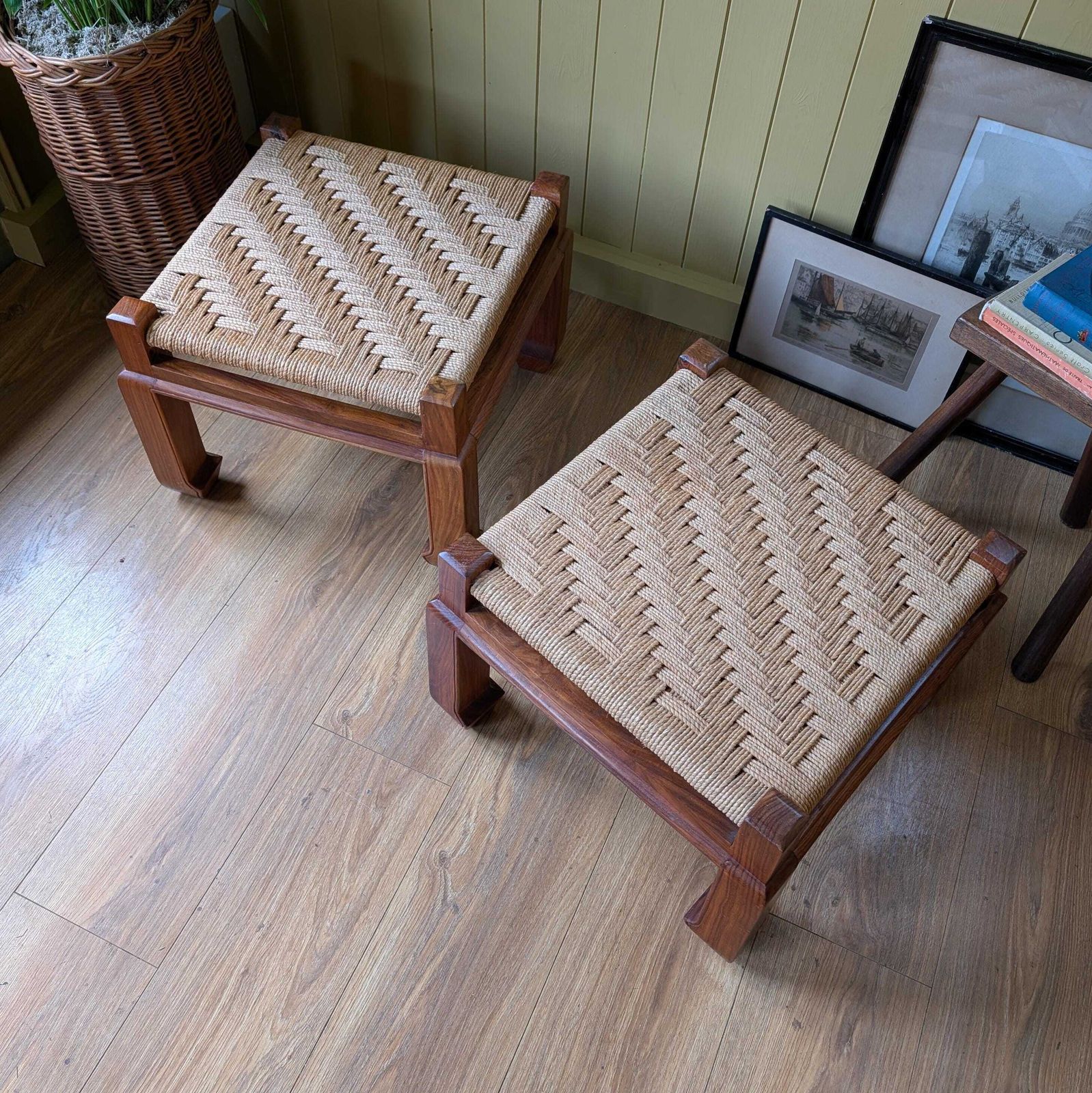 Pair Of Mid Century Woven Foot Stools photo Furniture