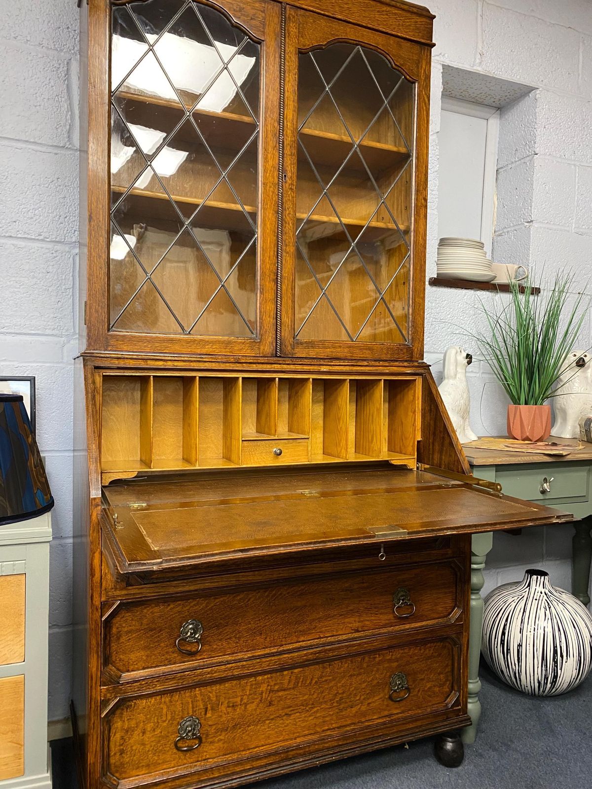 Edwardian Antique Oak Bureau Glazed Bookcase photo for sale