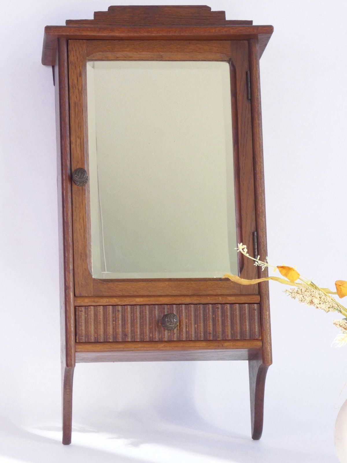 Antique Art Deco Wooden Wall Cabinet With Beveled Mirror, Medicine Apothecary With Drawer And Shelf, Small Chest, Farmhouse Decor photo for sale