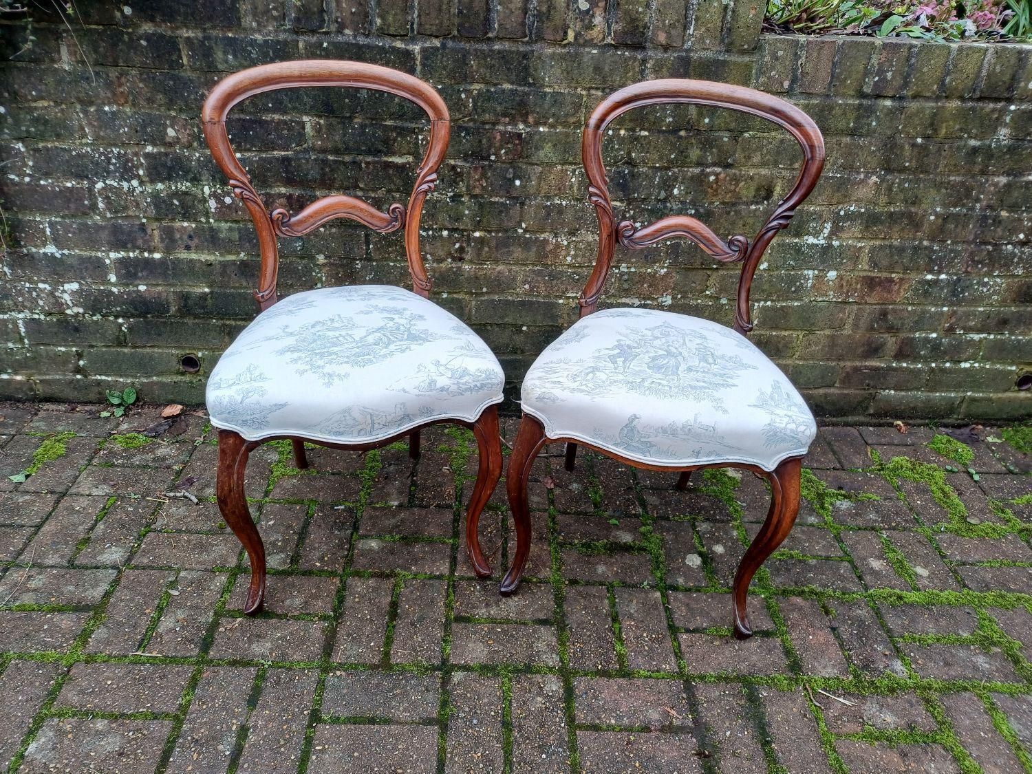 Top Quality Pair Antique Rosewood Balloon Back Dining Chairs Victorian Style Upholstered Toile Seats Occasional Vintage