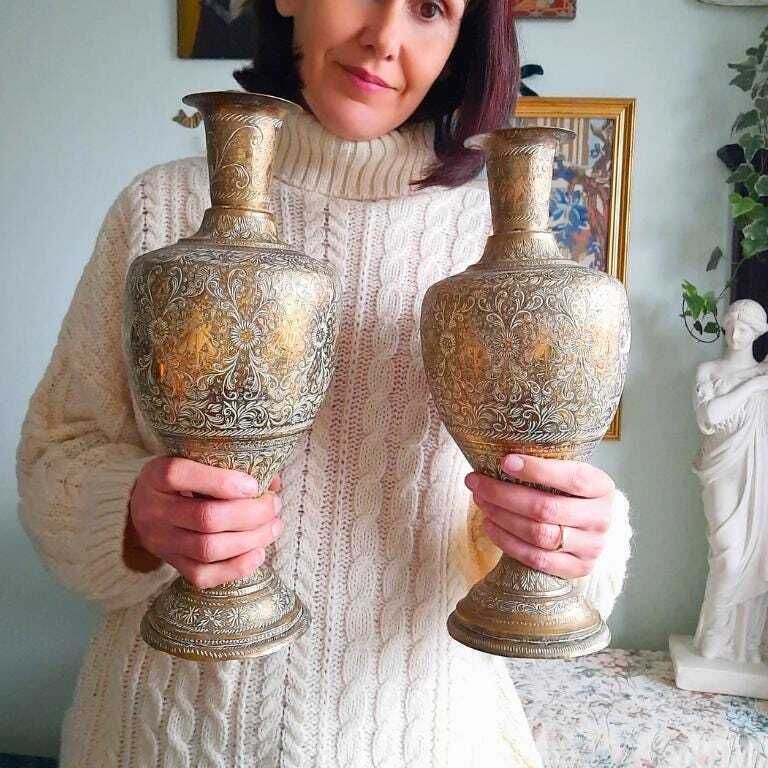 photo furniture Large Pair Of Truly Antique Indian Brass Vases With Figural And Floral Hand Engraved Decoration 14.5'' Tall Vintis      5 Out Of 5 Stars     Dispatche