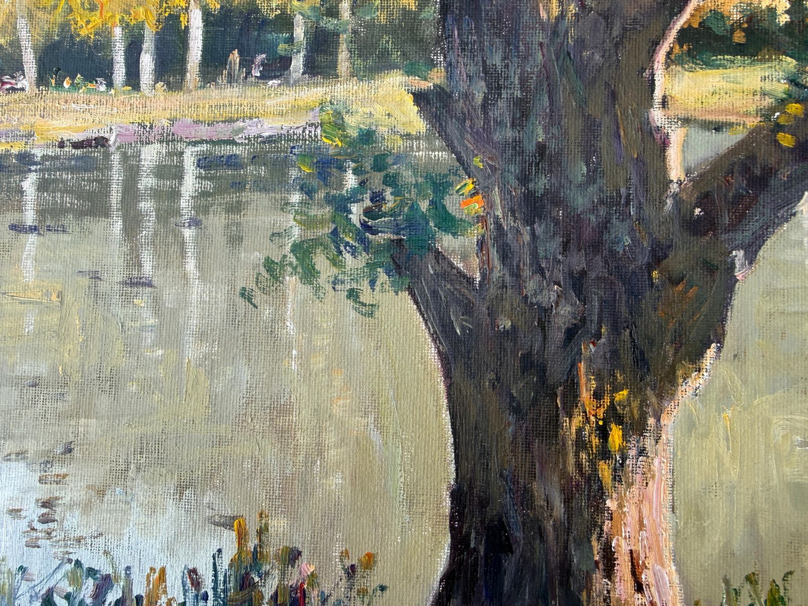 Antoni Sadurni Impressionist Lakeside Landscape With Figures Catalan School Oil Painting 1980 photo for sale