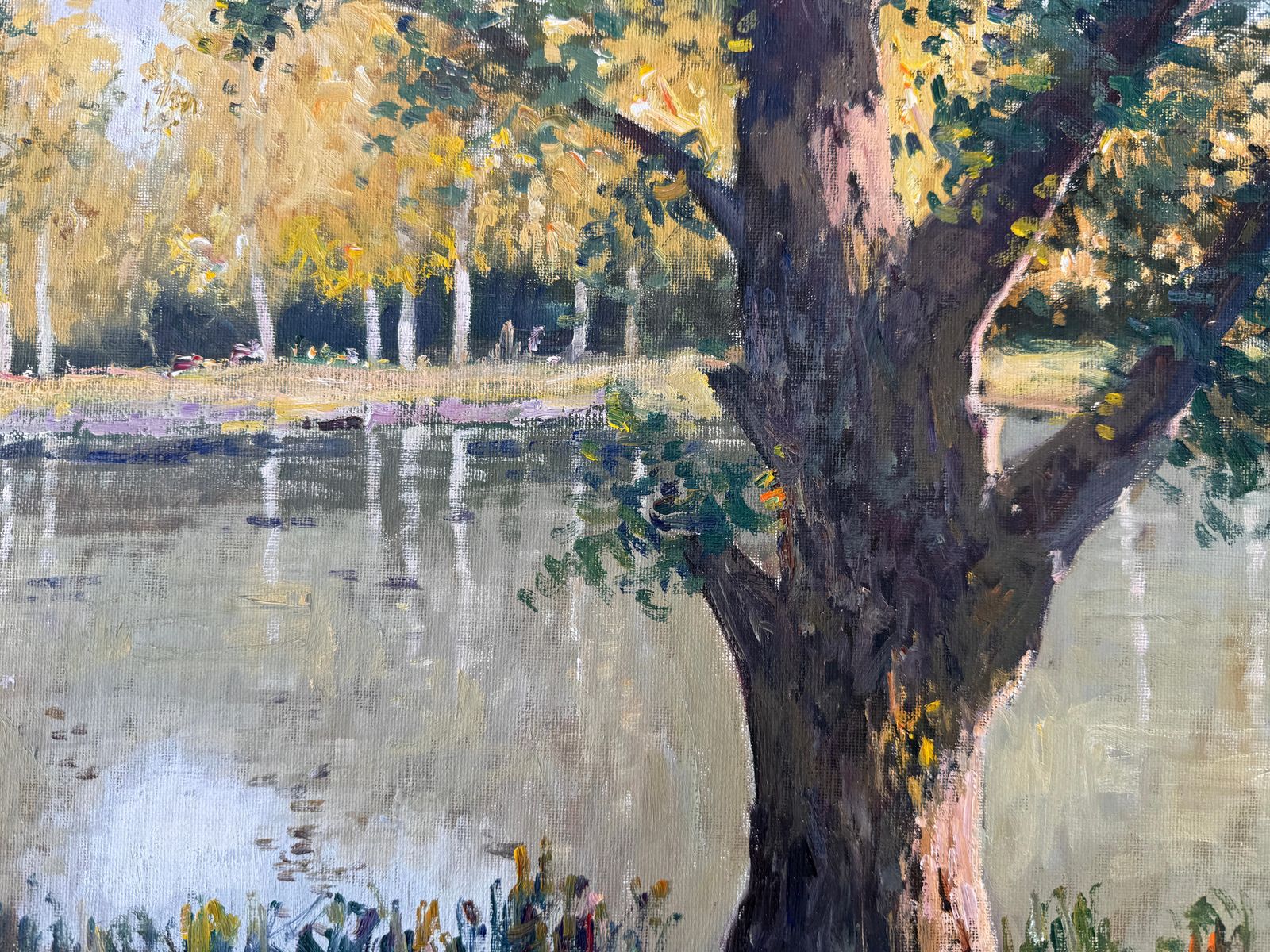 Antoni Sadurni Impressionist Lakeside Landscape With Figures Catalan School Oil Painting 1980 photo buy