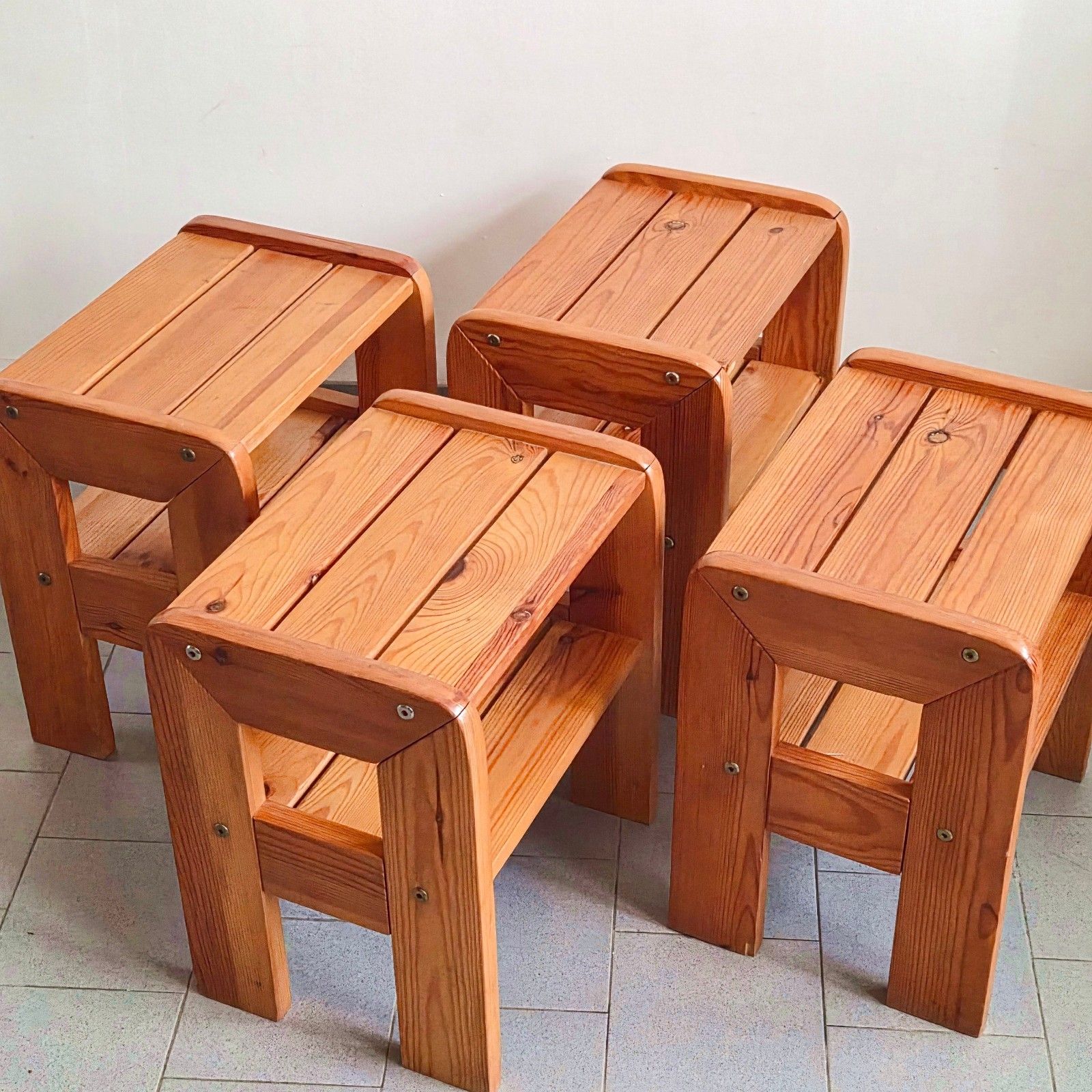 Suite Of 4 Side Tables Bedside Tables Luggage Rack Stools Vintage 1970 Pine