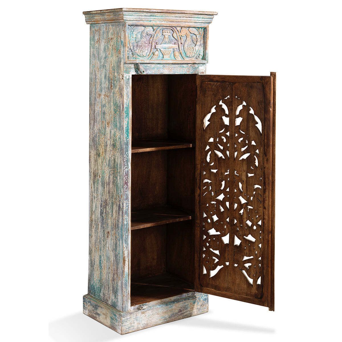 Narrow Carved Single Door Cabinet photo for sale