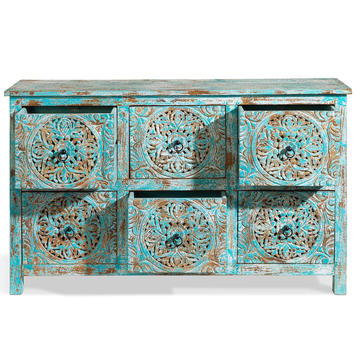 Carved Distressed Blue Six Drawer Chest photo 1945.0