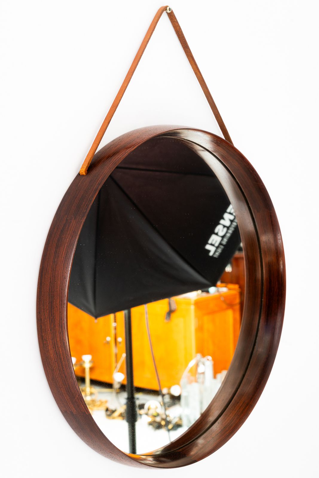 Uno & östen Kristiansson Mirror In Teak And Leather By Luxus In Sweden photo for sale