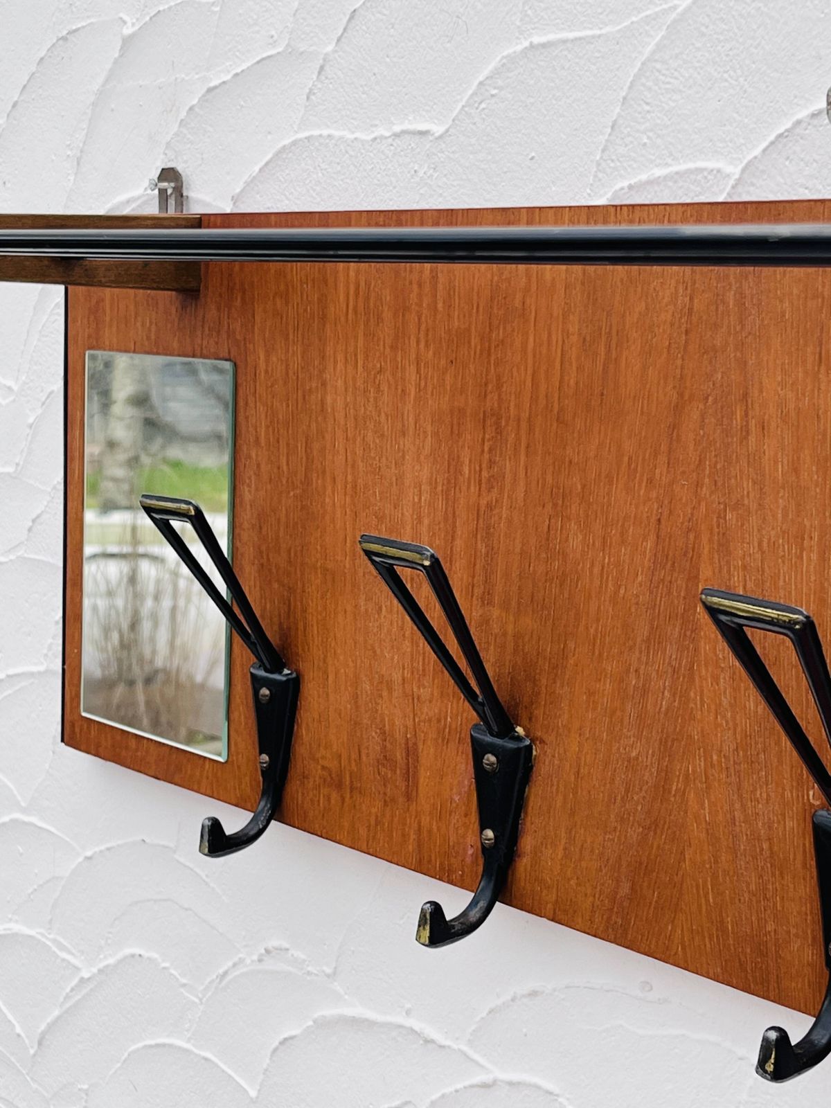 Vintage Wooden Wall Coat Rack Mirror From The 1960s. photo vintage