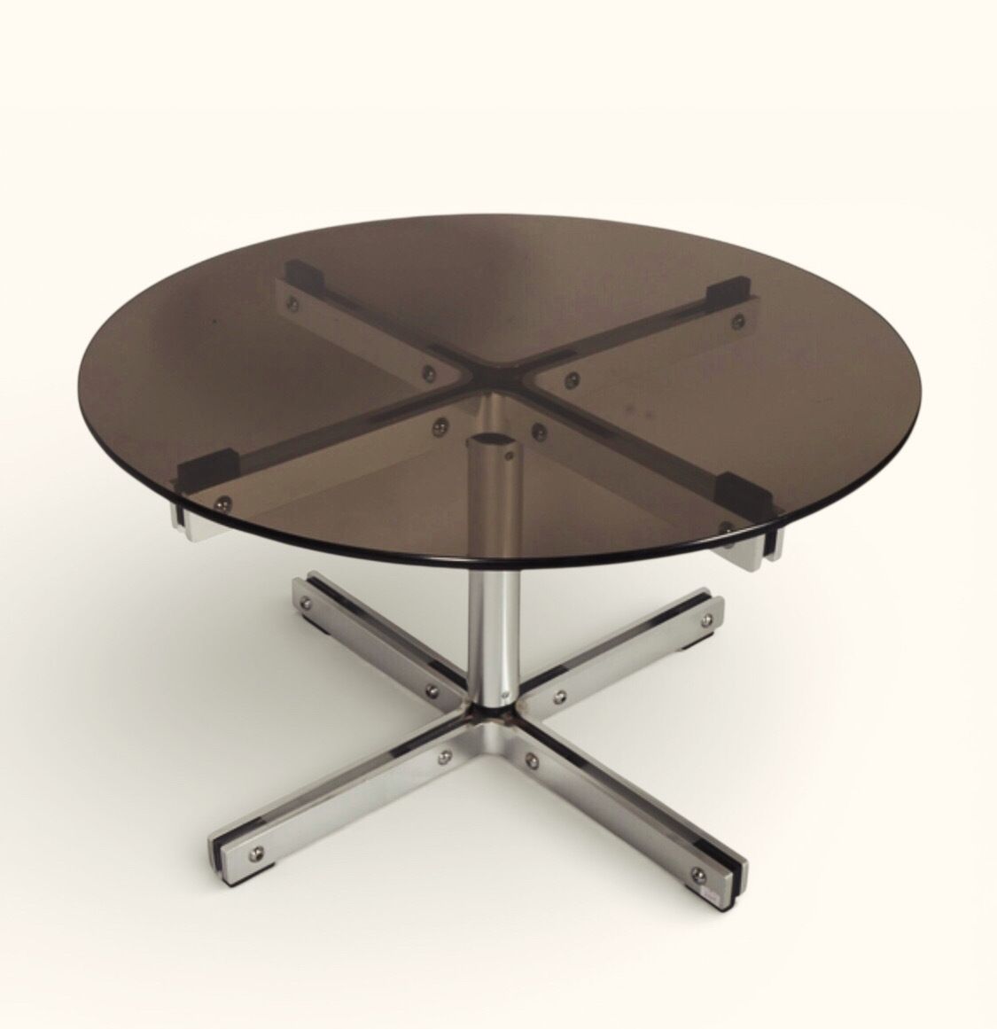 William Plunkett Round Glass 'X' Coffee Table  In Satin Steel