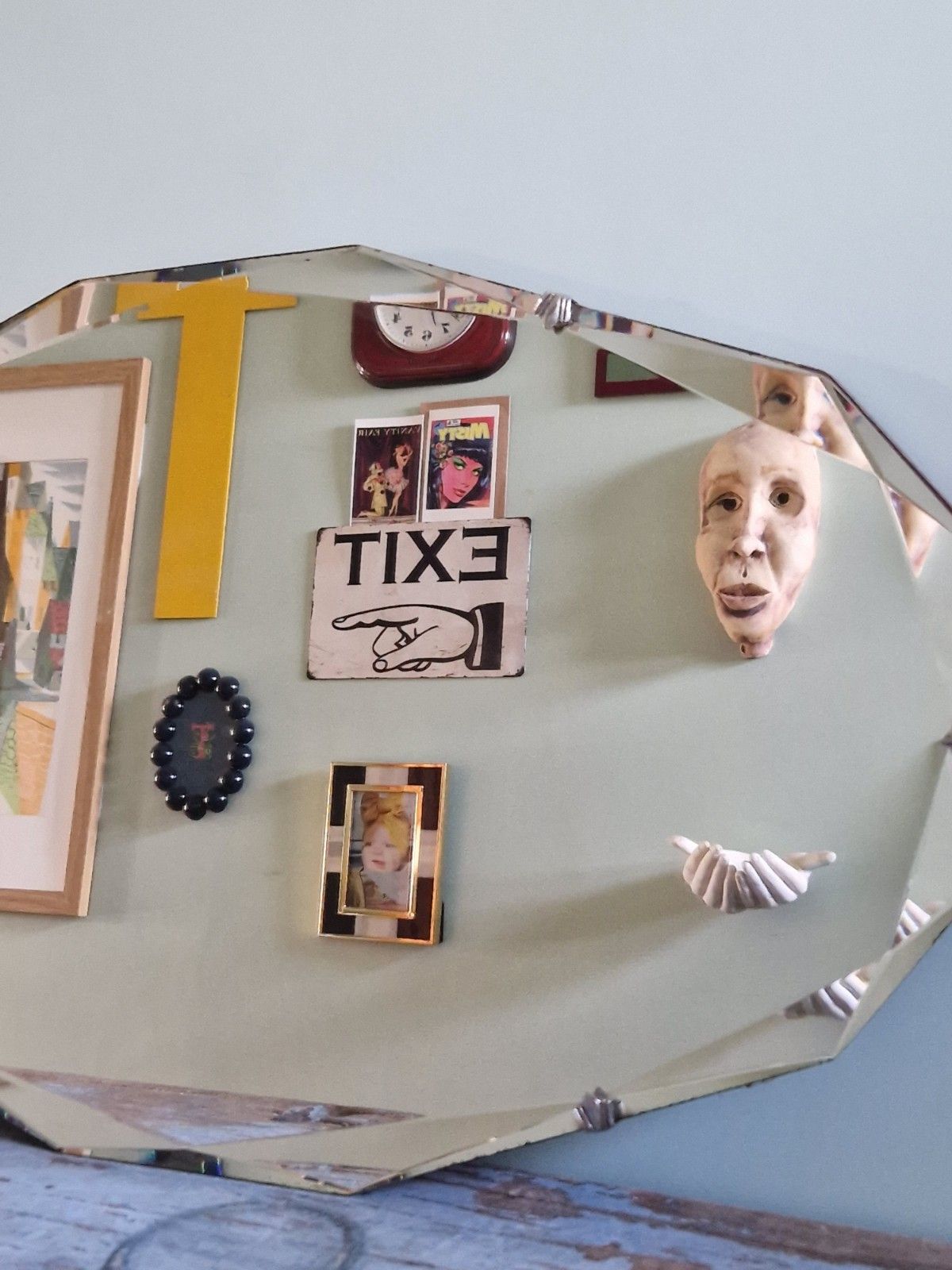 Art Deco Large Mirror Beveled Edge Faceted Clear Wooden Back With Chain 1930s photo 125.0