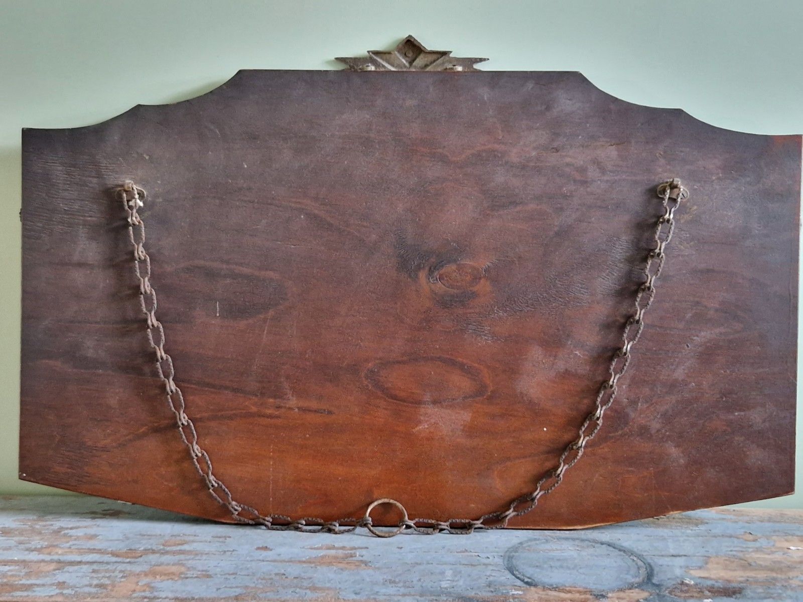 Art Deco Chrome Top Frameless Wall Mirror Wooden Back And Chain Original 1930s photo vintage