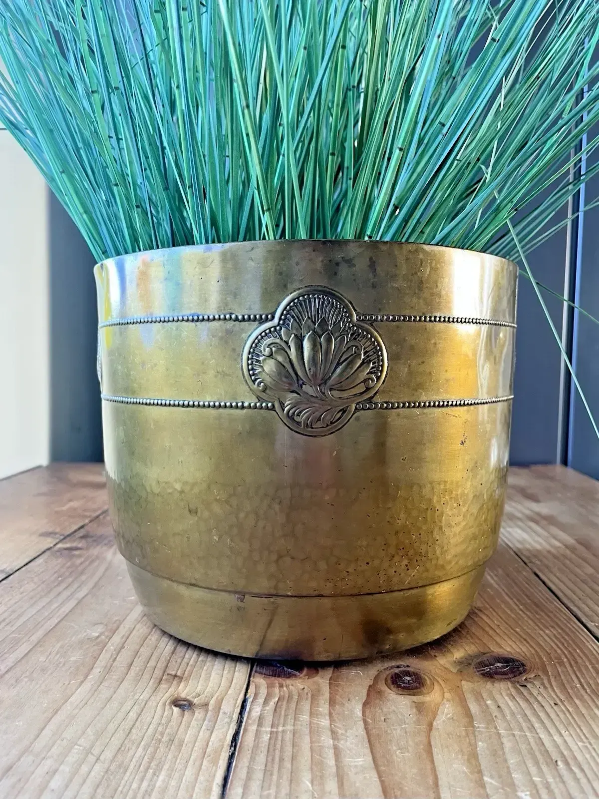Antique Art Nouveau Lotus Flower Planished Brass Jardiniere Planter Plant Pot photo for sale