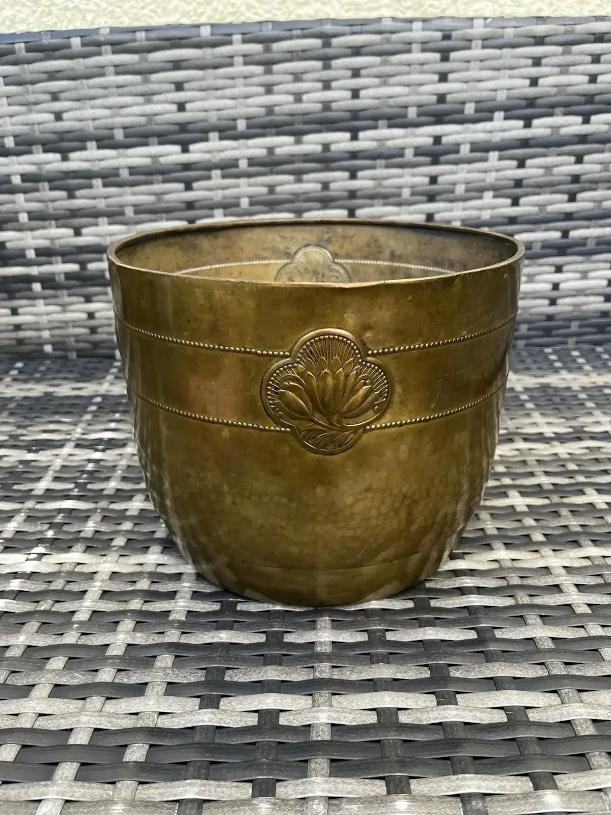 Antique Art Nouveau Lotus Flower Planished Brass Jardiniere Planter Plant Pot photo buy