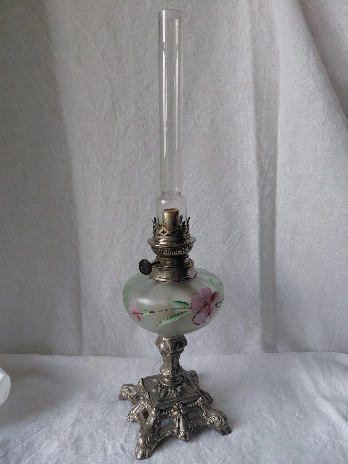Vintage French / Floral Hand Painted Glass/Cast Metal Base Oil Lamp
