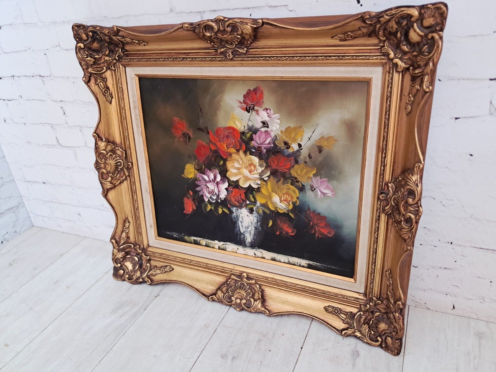 Vintage Still Life Floral Oil Painting Canvas Flowers On Table Gilt Gold Frame photo furniture