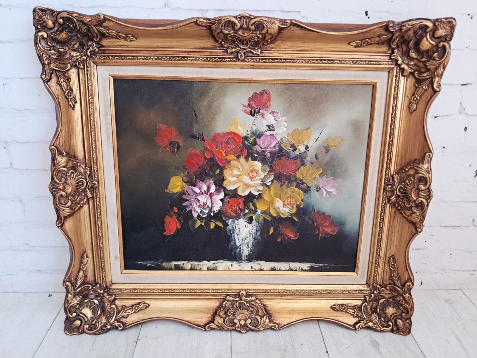 Vintage Still Life Floral Oil Painting Canvas Flowers On Table Gilt Gold Frame photo 225.0