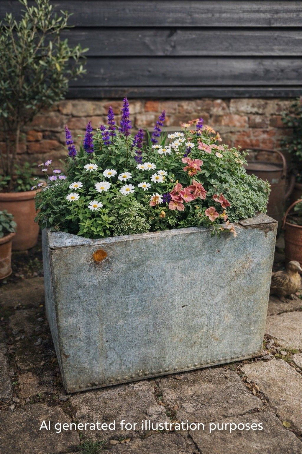 photo furniture Riveted Galvanised Trough Planter /  Raised Flower Bed Plant Olive Tree Pot W2