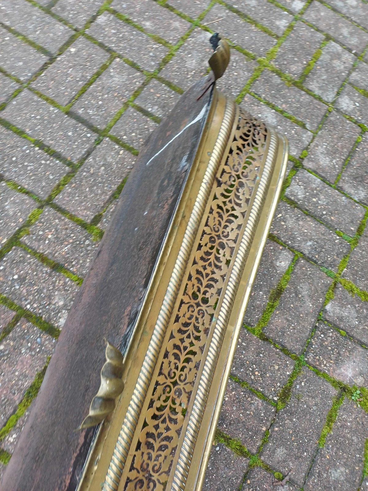 photo for sale Late Victorian Ornate Brass Fireplace Fender Pierced Decorative Fire Curb With Claw Feet Antique Hearth Guard Fire Iron Stand