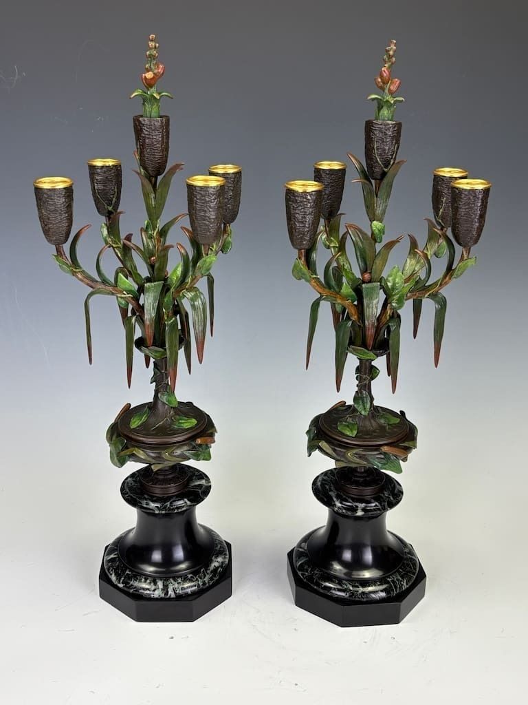 Antique Pair Of James Pradier Cold Painted Bronze Candelabras – 19th Century French Sculptor photo vinterior