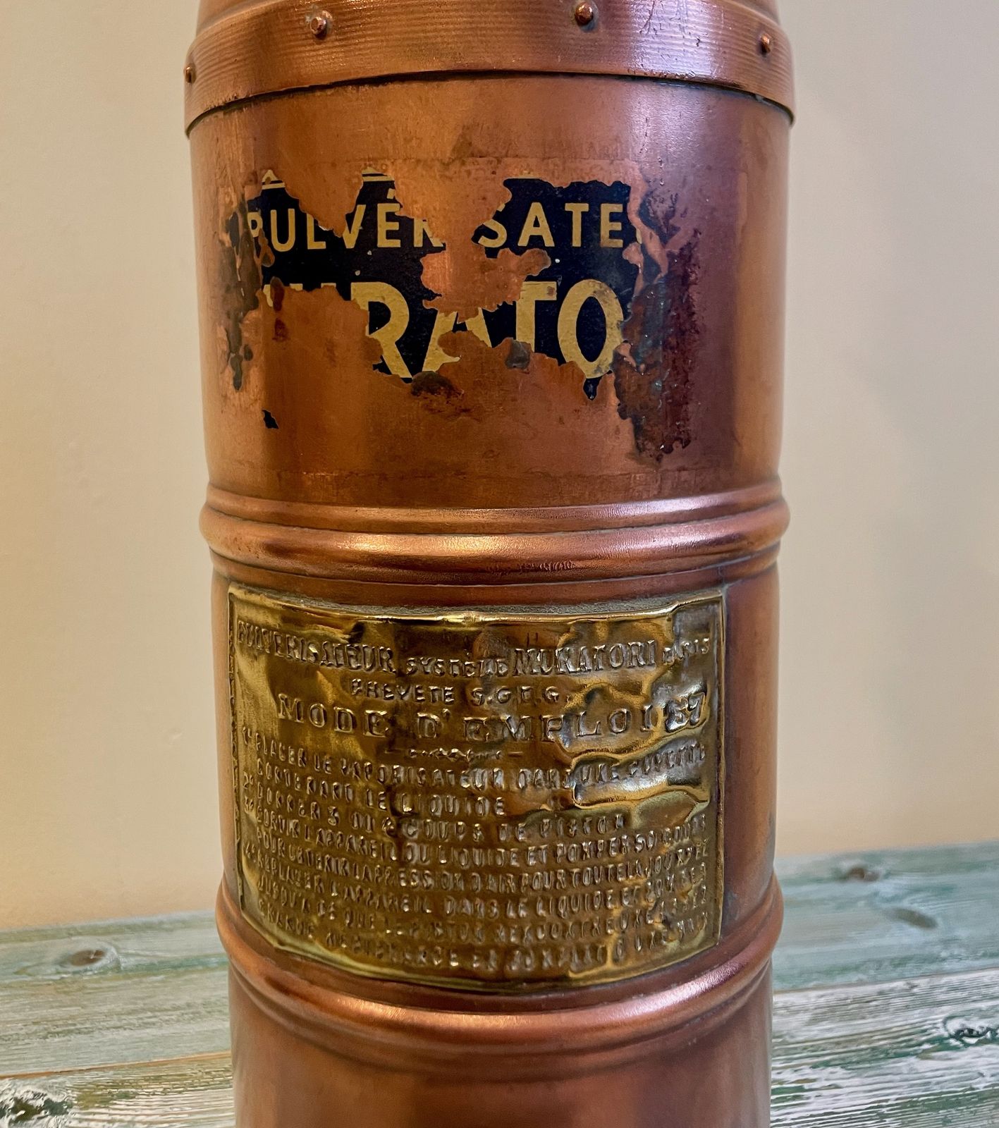 Antique Copper & Brass French Pulverisateur Systeme Muratoriori Vine Sprayer Table Light photo for sale