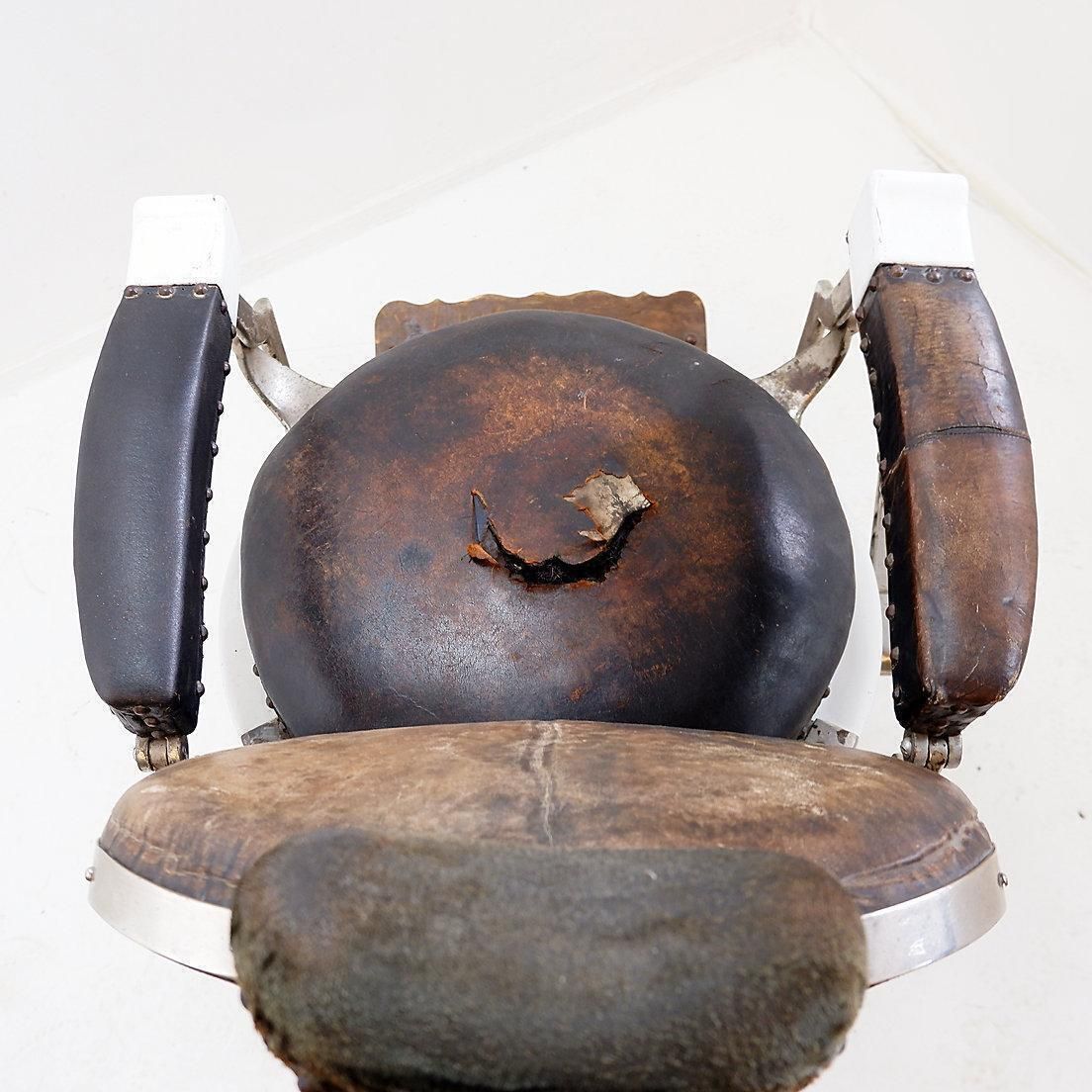 Koken Original Brown Leather & White Enameled Cast Iron Barber Chair, Circa 1918 photo for sale