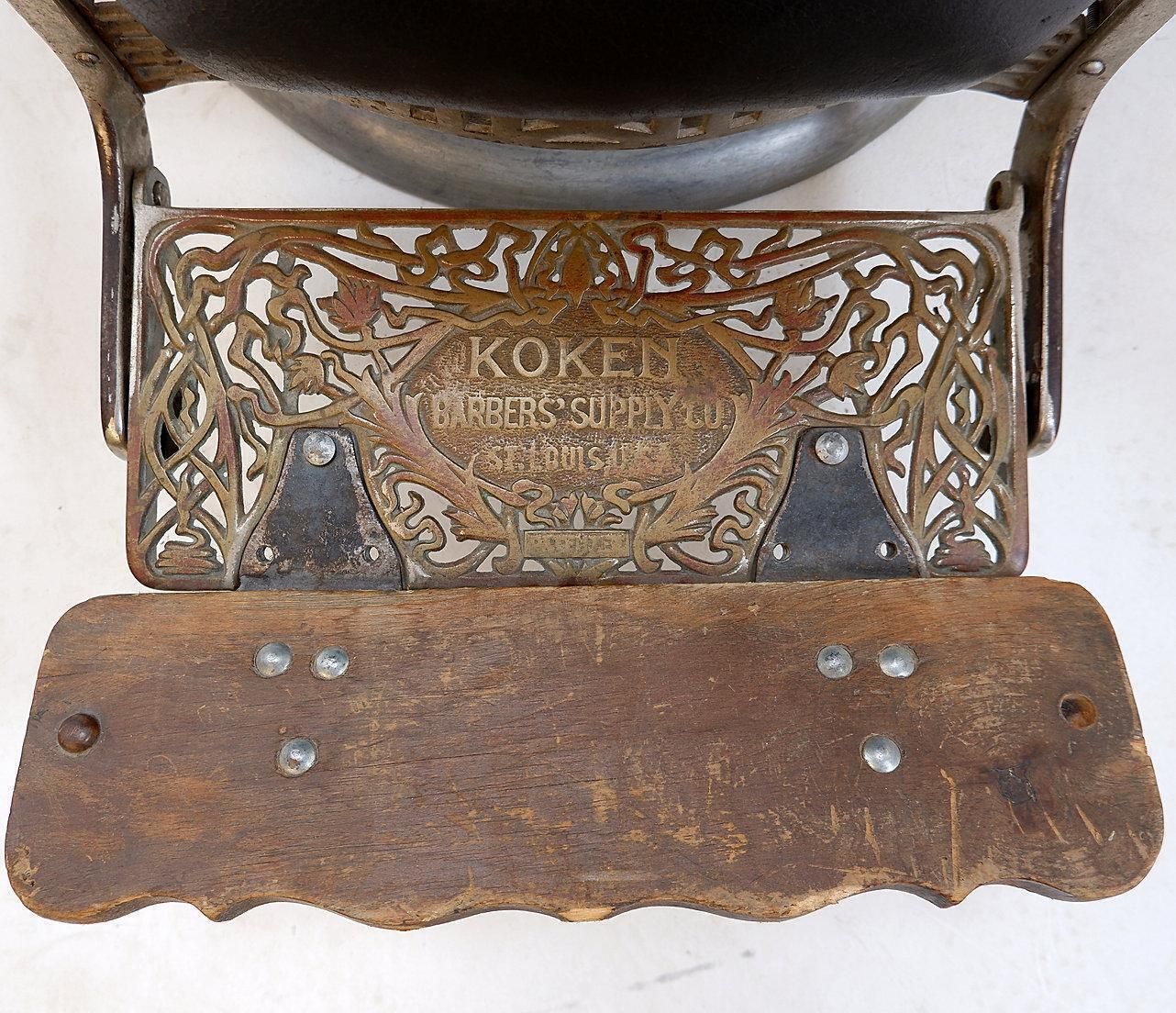 Koken Original Brown Leather & White Enameled Cast Iron Barber Chair, Circa 1918 photo vintage