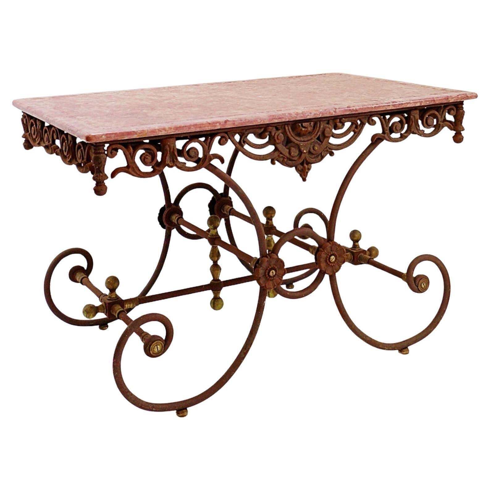 Large 19th French Butcher's Table In Wrought Iron And Red Marble