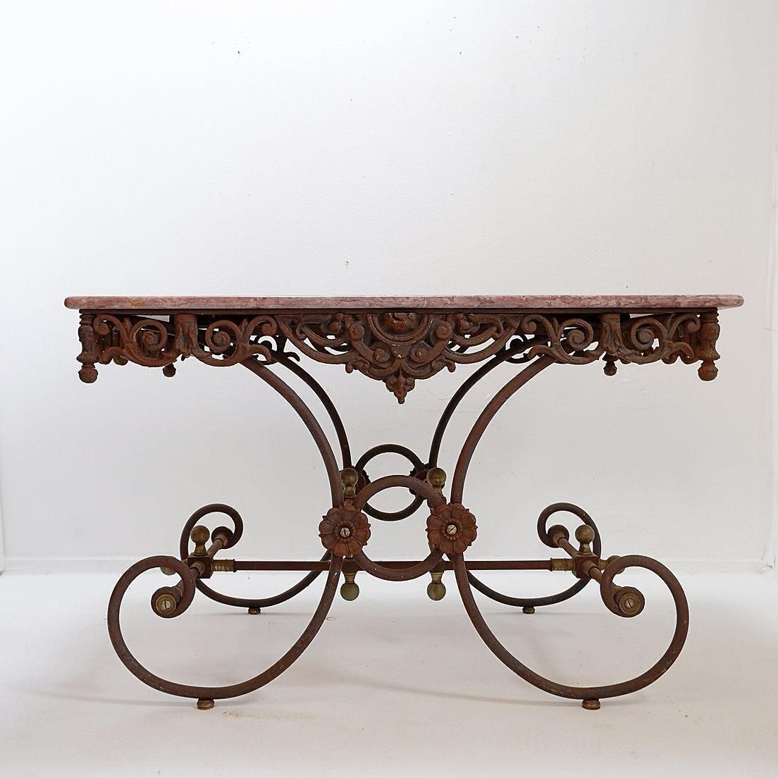 Large 19th French Butcher's Table In Wrought Iron And Red Marble photo furniture