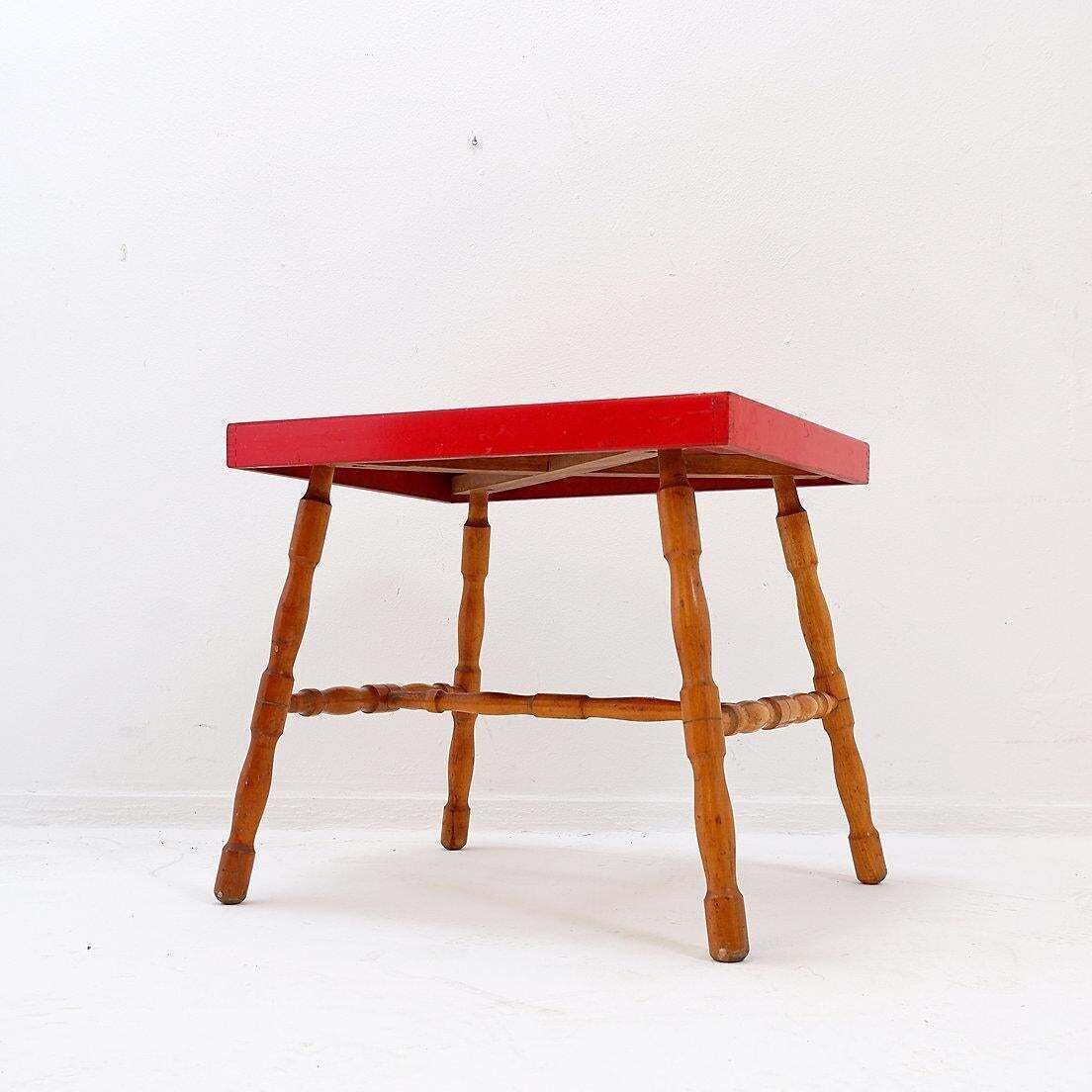 Small Side Table With Turned Legs And Red Top   Josco, Made In Belgium   1950s photo for sale