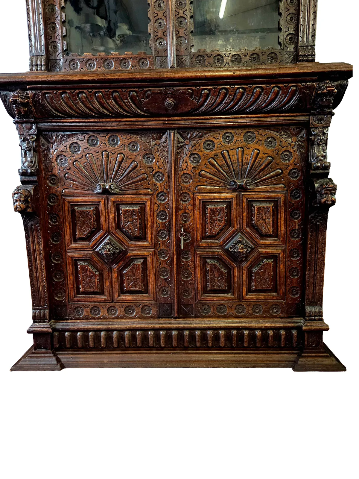 Large 19th Century Dutch Neo Renaissance Carved Oak Library Cabinet Bookcase C.1880 photo for sale