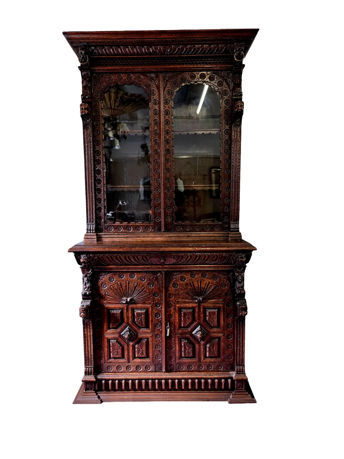 Large 19th Century Dutch Neo Renaissance Carved Oak Library Cabinet Bookcase C.1880 photo Furniture