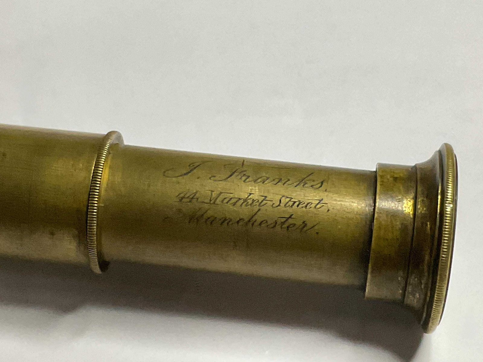 Antique Victorian 6 Draw Pocket Telescope – J. Franks, Manchester – Mahogany & Brass – C. 1870 photo vinterior