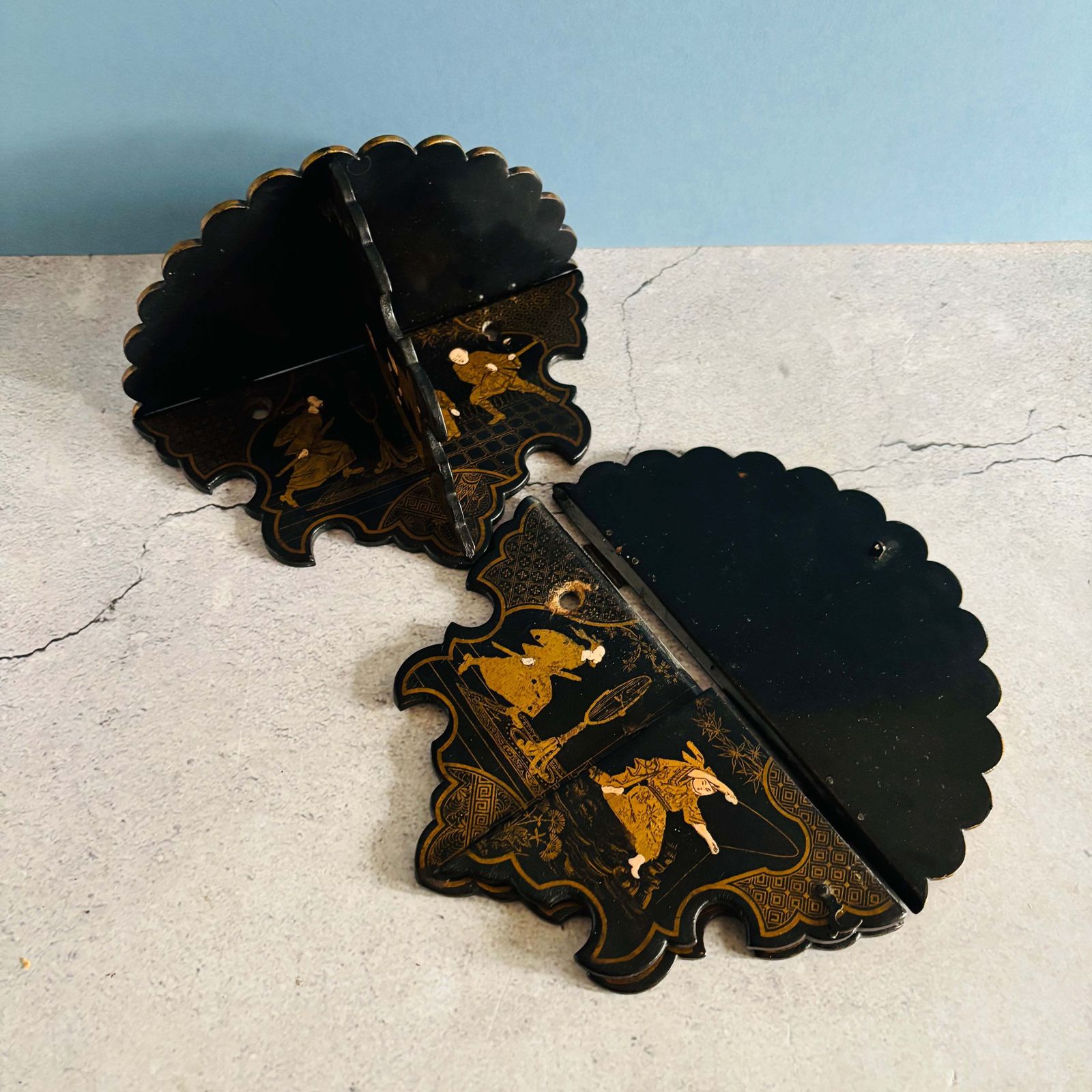 Antique Chinoiserie Japanese Lacquer Wall Shelves photo vintage