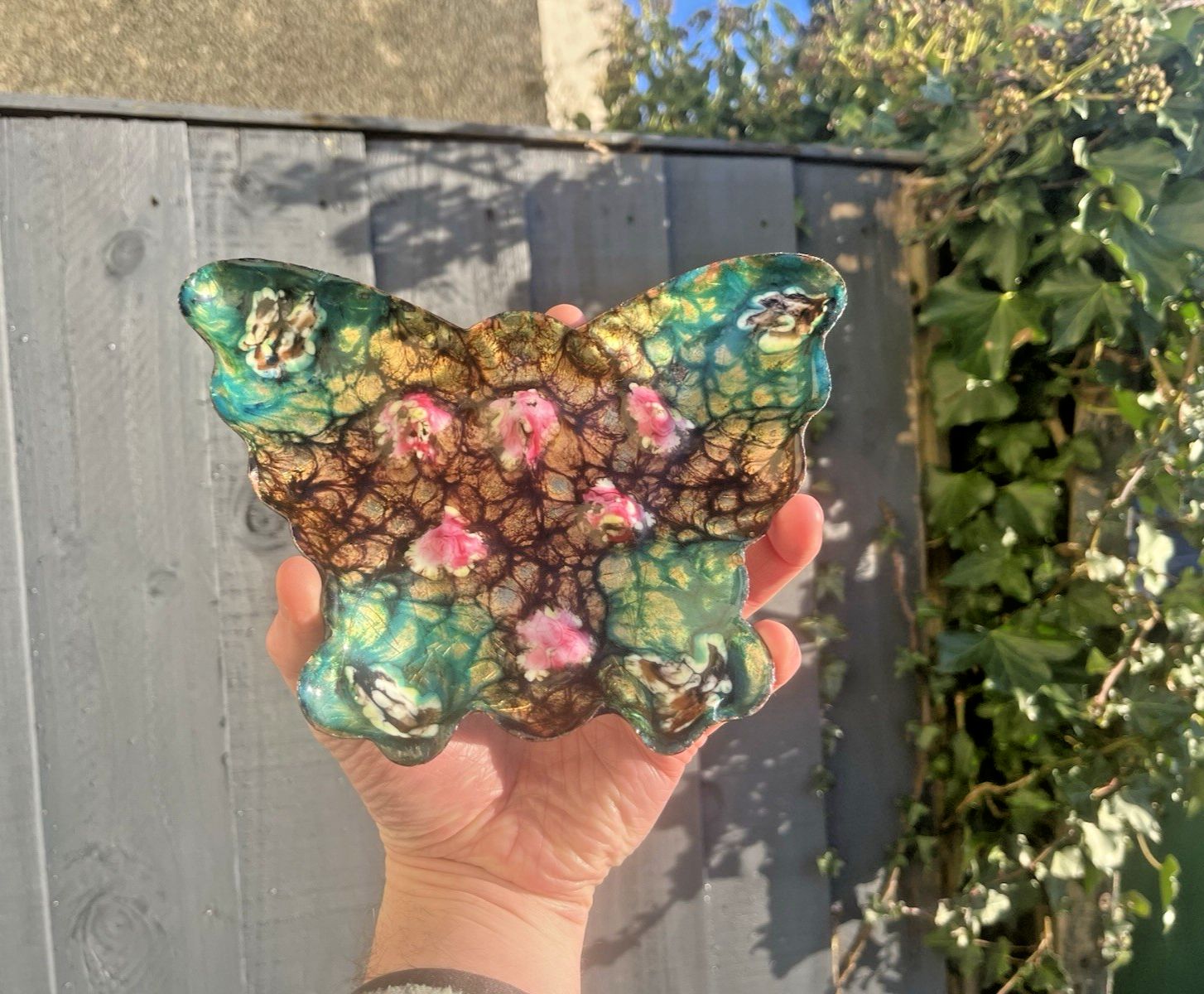 Vintage Brutalist 60's Copper Pink Cabochon Butterfly Enamel Trinket Pin Dish photo vinterior