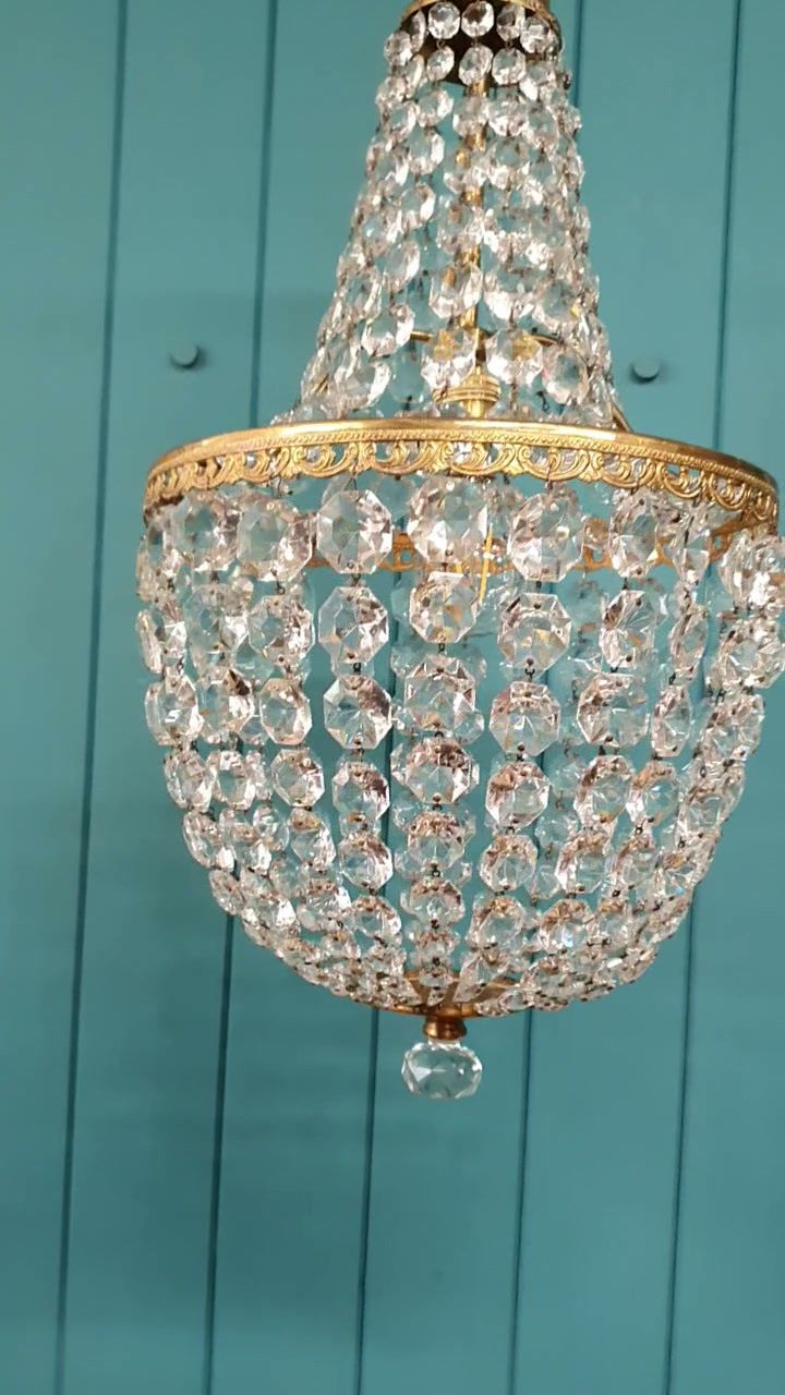 Antique Glass And Brass Bag Tent Chandelier 12" photo for sale