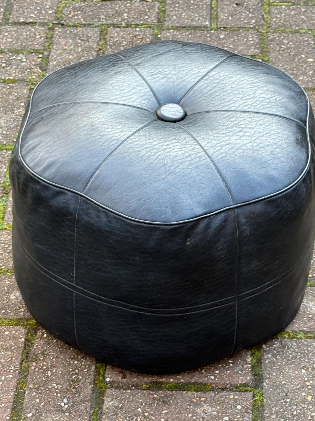 Rare Flower Shaped Vintage Sherborne Leatherette Pouffe Footstool Black Mid Century Ottoman Lounge Accent Stool photo for sale