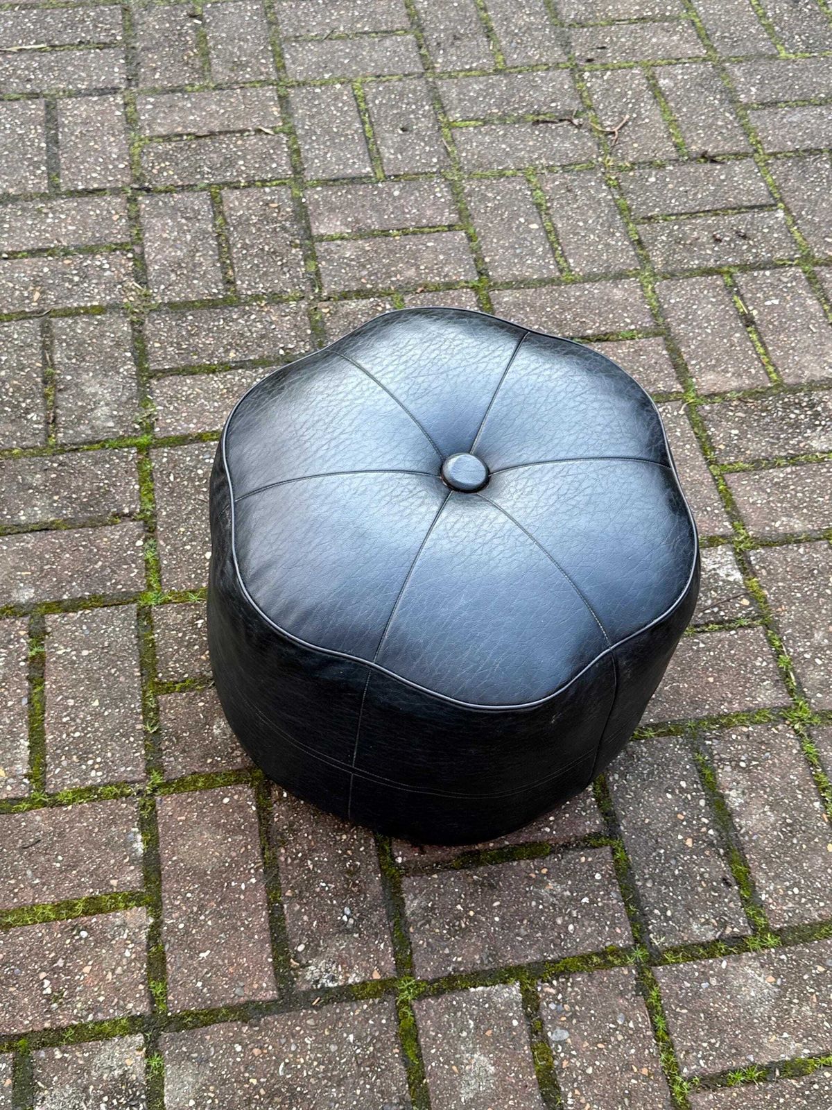 photo buy Rare Flower Shaped Vintage Sherborne Leatherette Pouffe Footstool Black Mid Century Ottoman Lounge Accent Stool